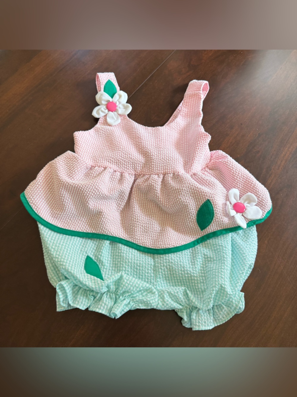 Vintage 2T Bubble Romper Pink & blue striped flowers